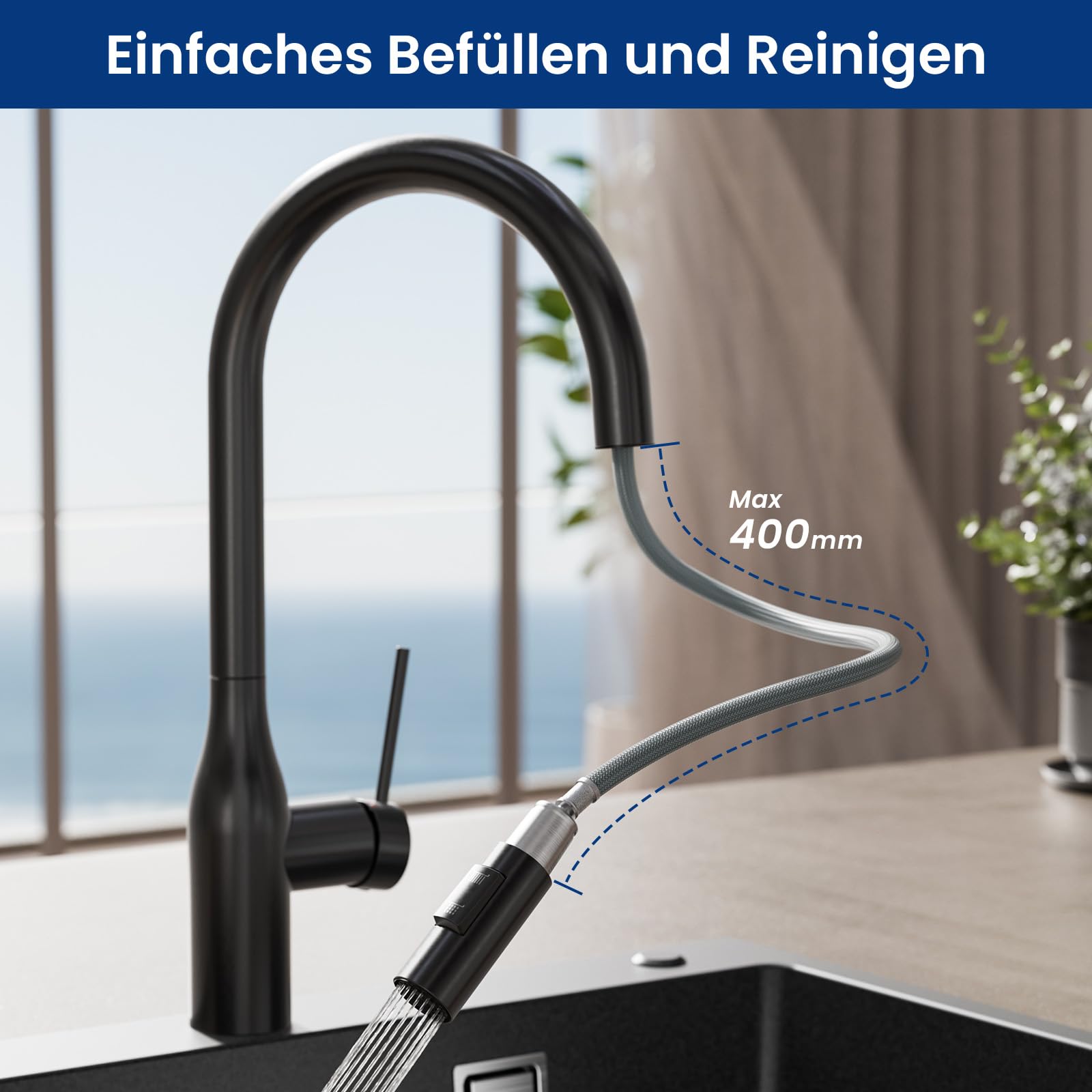 CECIPA Grifo de cocina extensible, grifo de cocina de alta presión, negro, giratorio 360°, arco alto, robusto y sin fugas, fácil instalación, grifo mezclador con caño de tracción | Grifo de Cocina Fregadero Giratorio a 360° Torneira Cozinha Monomando Negr