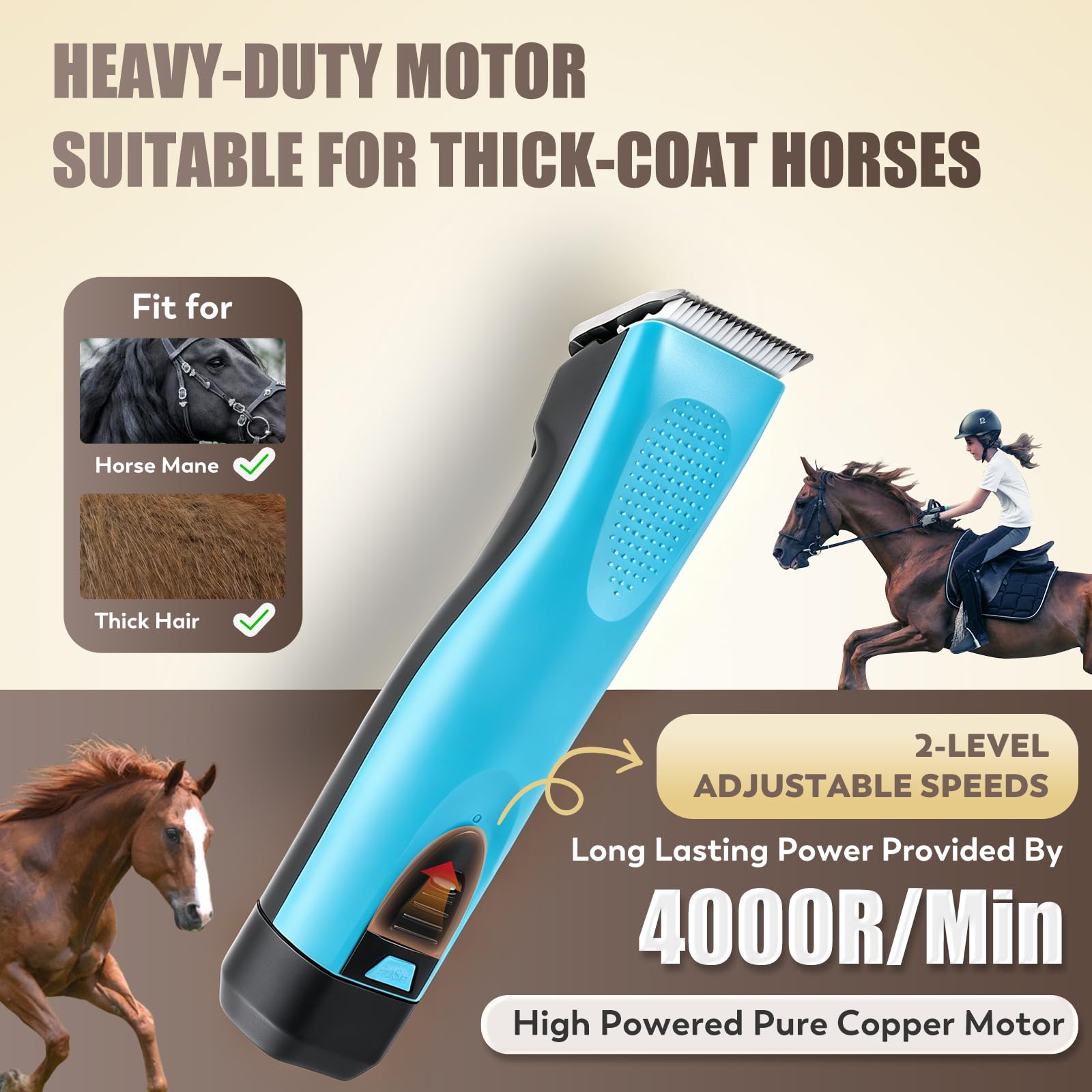 Tondeuse pour Chevaux CGOLDENWALL, Batterie Li-Ion 1400mAh & 3.5m Câble, 3200-4000rpm, Vitesse 2, pour Chien, Cheval, Chèvre