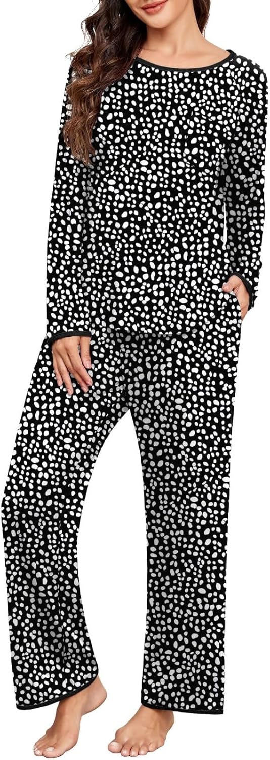 Pyjama Femme Manches Longues - Haut Col Rond Et Pantalon Large, Tissu Doux, Avec Poches