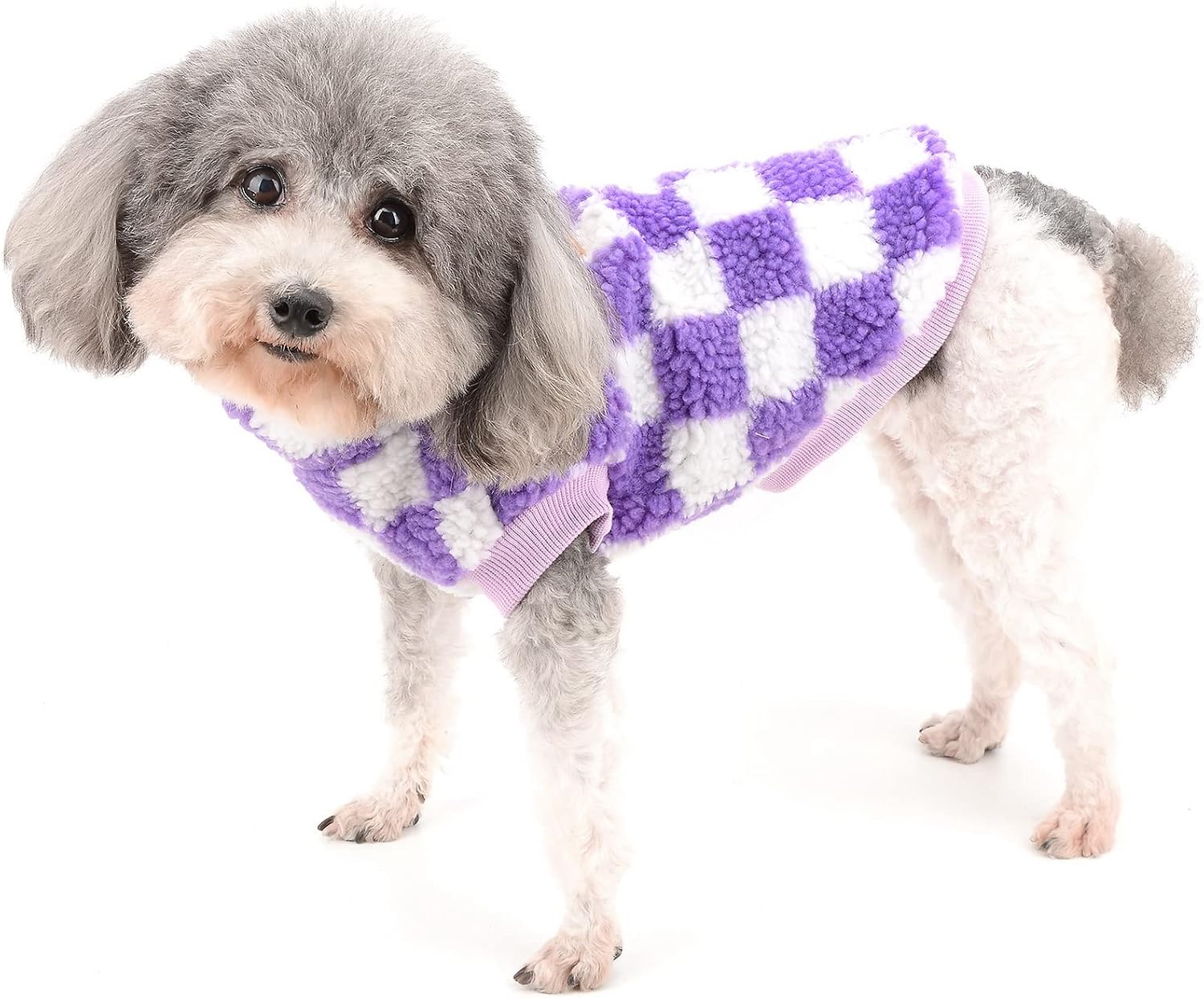 Zunea Fuzzy Dog Jumper for Small Dogs Warm Fleece Winter Jacket Coat Plaid Puppy Clothes Fluffy Pullover Sweater Coat Soft Pet Apparel for Dogs Girl Boy Chihuahua Yorkie Cat Purple L - Image 3