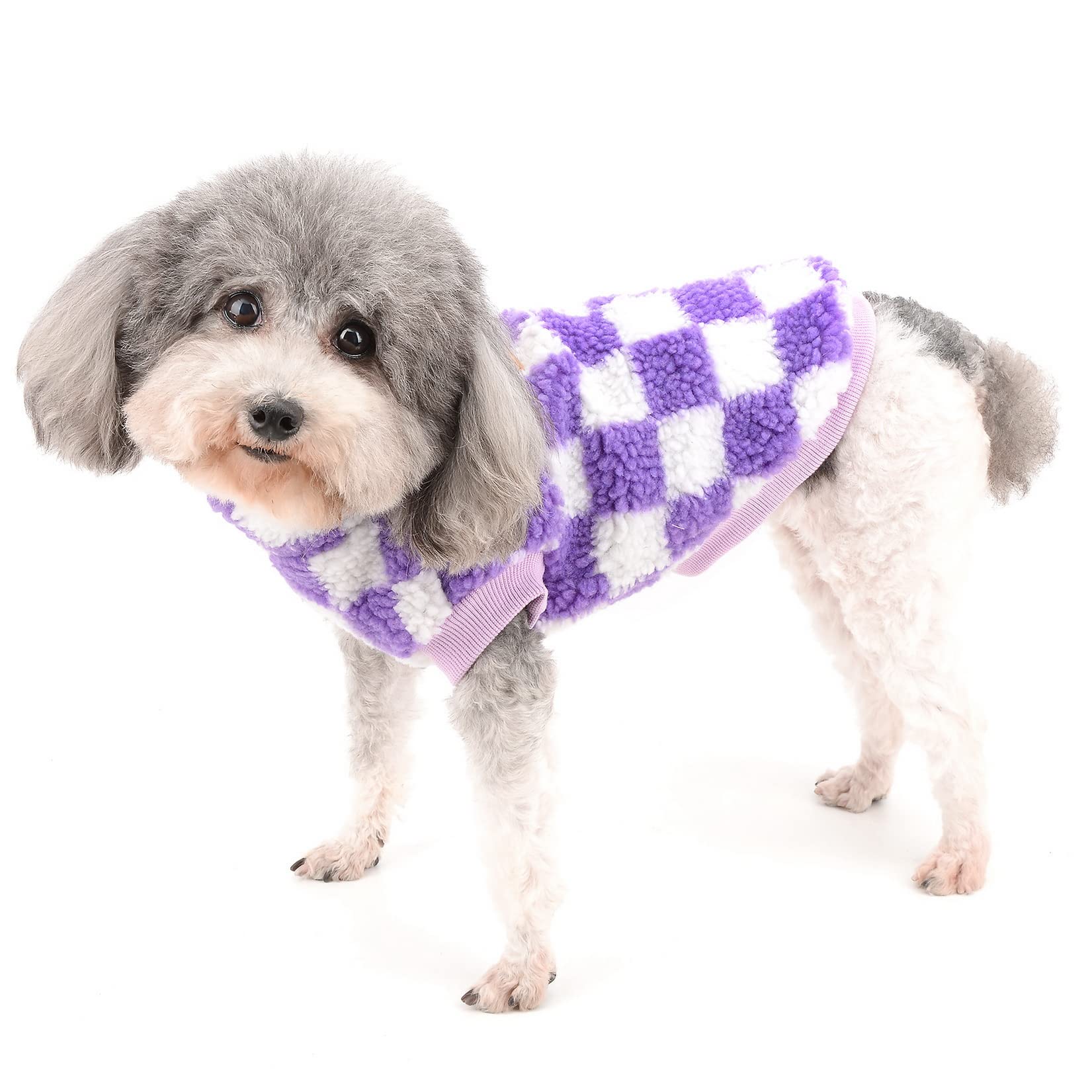 Zunea Fuzzy Dog Jumper for Small Dogs Warm Fleece Winter Jacket Coat Plaid Puppy Clothes Fluffy Pullover Sweater Coat Soft Pet Apparel for Dogs Girl Boy Chihuahua Yorkie Cat Purple M - Image 2