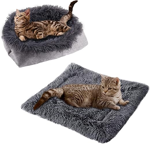 TUAKIMCE Cat Beds for Medium Cats and Dogs Function 2 in 1 Plush Soft Blanket and Cat Beds for Indoor Cats Warm Fluffy Pet Mat Puppy Bed Kitten Bed Washable (Light Gray)