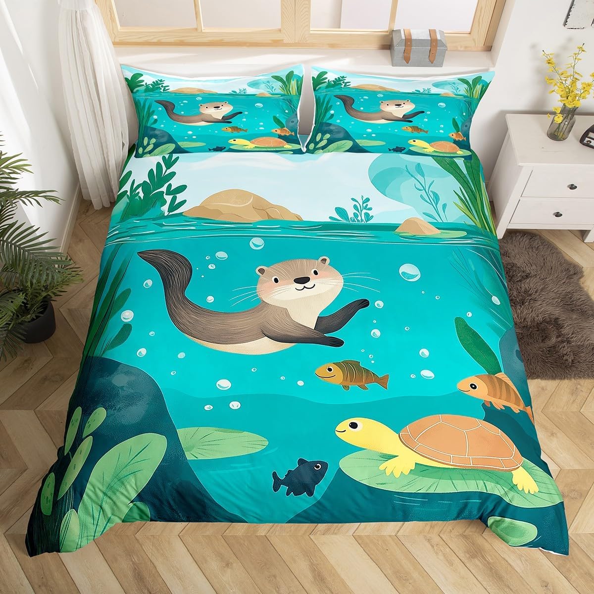 Lovely Otter Kids Duvet Cover Set Toddler Size Underwater View Cute Turtle Fish Bedding Set for Boys Girls Teens Green Leaves Cartoon Animal Rustic Style Quilt Cover with 1 Pillowcase,No Comforter