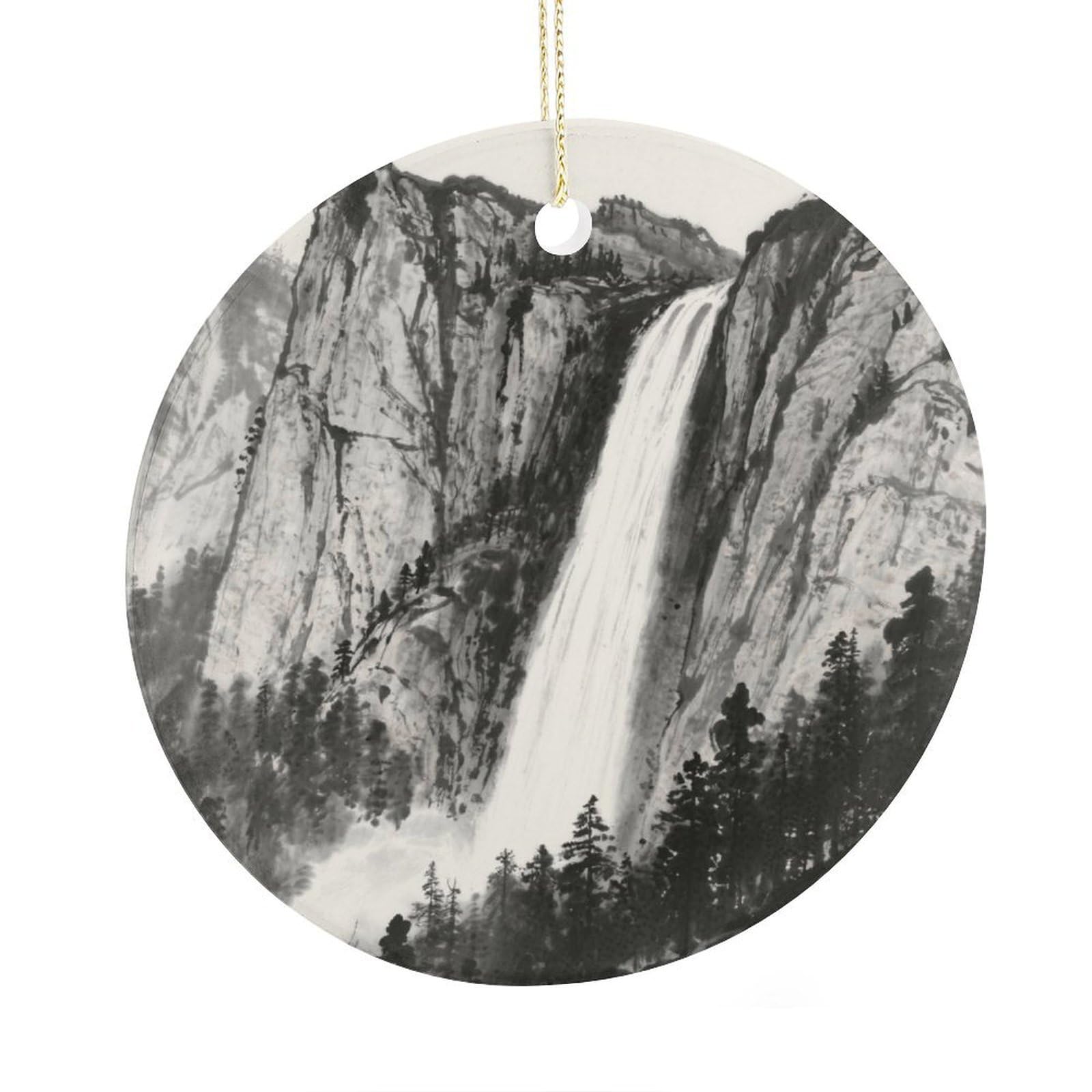 Fekiloot Style Granite Cliffs And Waterfalls Christmas Ornaments 2.9 Inch Round Ceramic Ornament Keepsake Thank You Gifts For Office, Room, Home - Holiday Present Ideas