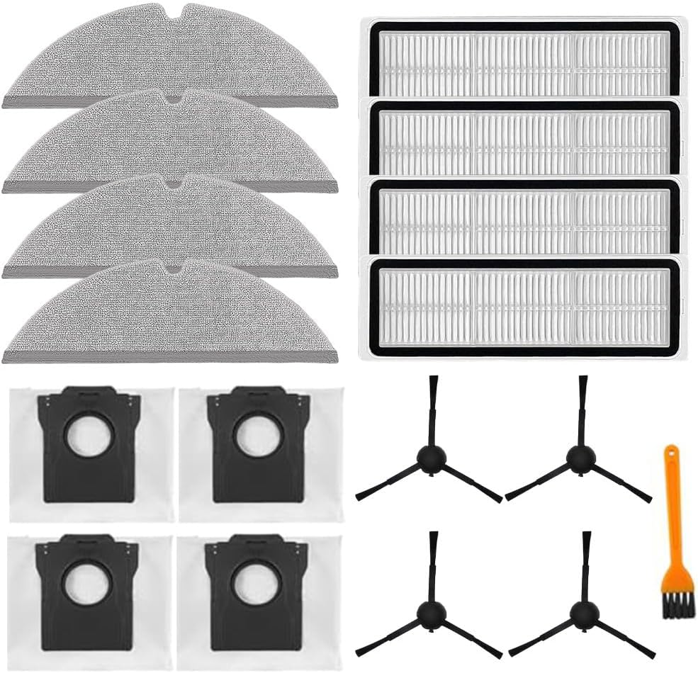 Replacement Accessory Kit for Dream D20 Plus Robot Vacuum Cleaner Filter Mop Cloth Bag Side Brush Set 4 Brushes 4 Filters 4 Mop Cloths 4 Dust Bags 1 Brush Nylon Microfiber Fabric