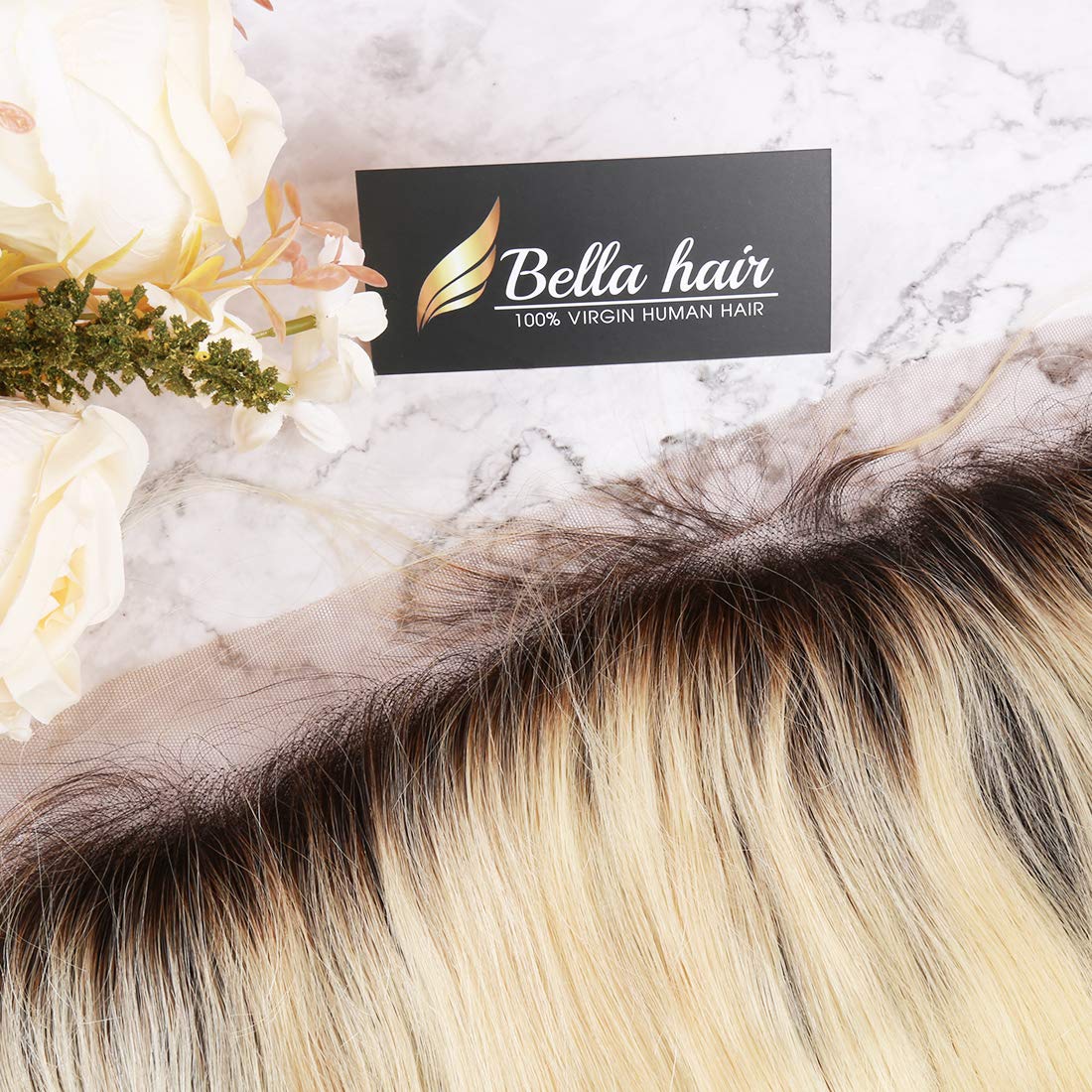 Bella Hair Ombre 1b/613 Lace Frontal with Dark Roots, 13x4 Ear to Ear Frontal Virgin Human Hair Sleek Straight 20inch