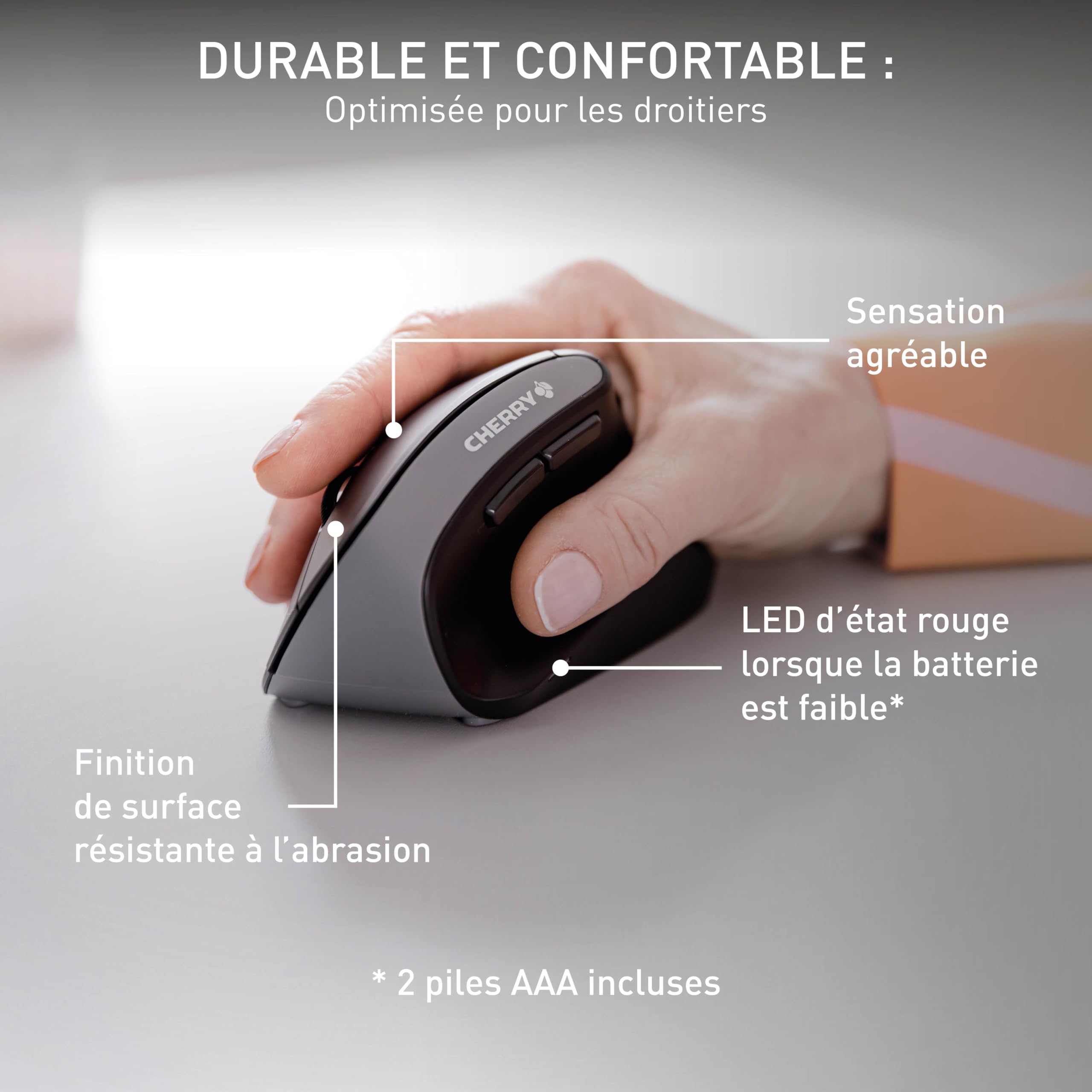 Cherry MW 4500, Souris Verticale Ergonomique pour Droitiers, sans Fil (Radio 2,4 GHz), Résolution Réglable sur 3 Niveaux Jusqu'à 1200 Dpi, Piles, Noir