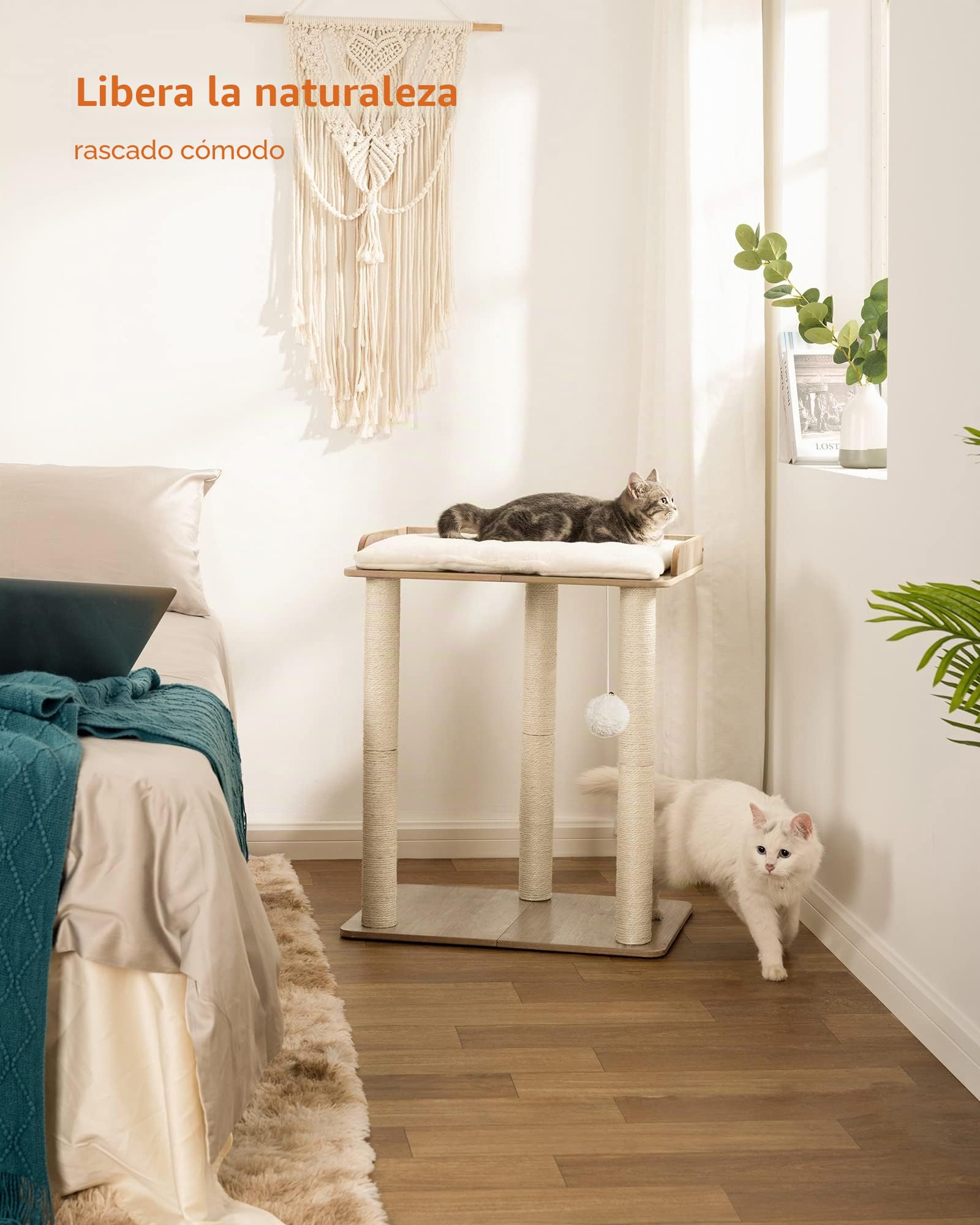 FourFurPets Árbol para Gatos, Altura 68 cm, Torre de Gatos, con 3 Postes de Sisal de 60cm, 56x40 cm Gran Plataformas, Pompones, Greige