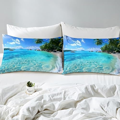 Miniatura 4 de Juego de ropa de cama de 2 piezas con diseño de océano, ropa de cama de playa de verano, estilo hawaiano, diseño de palmeras, naturaleza tropical,