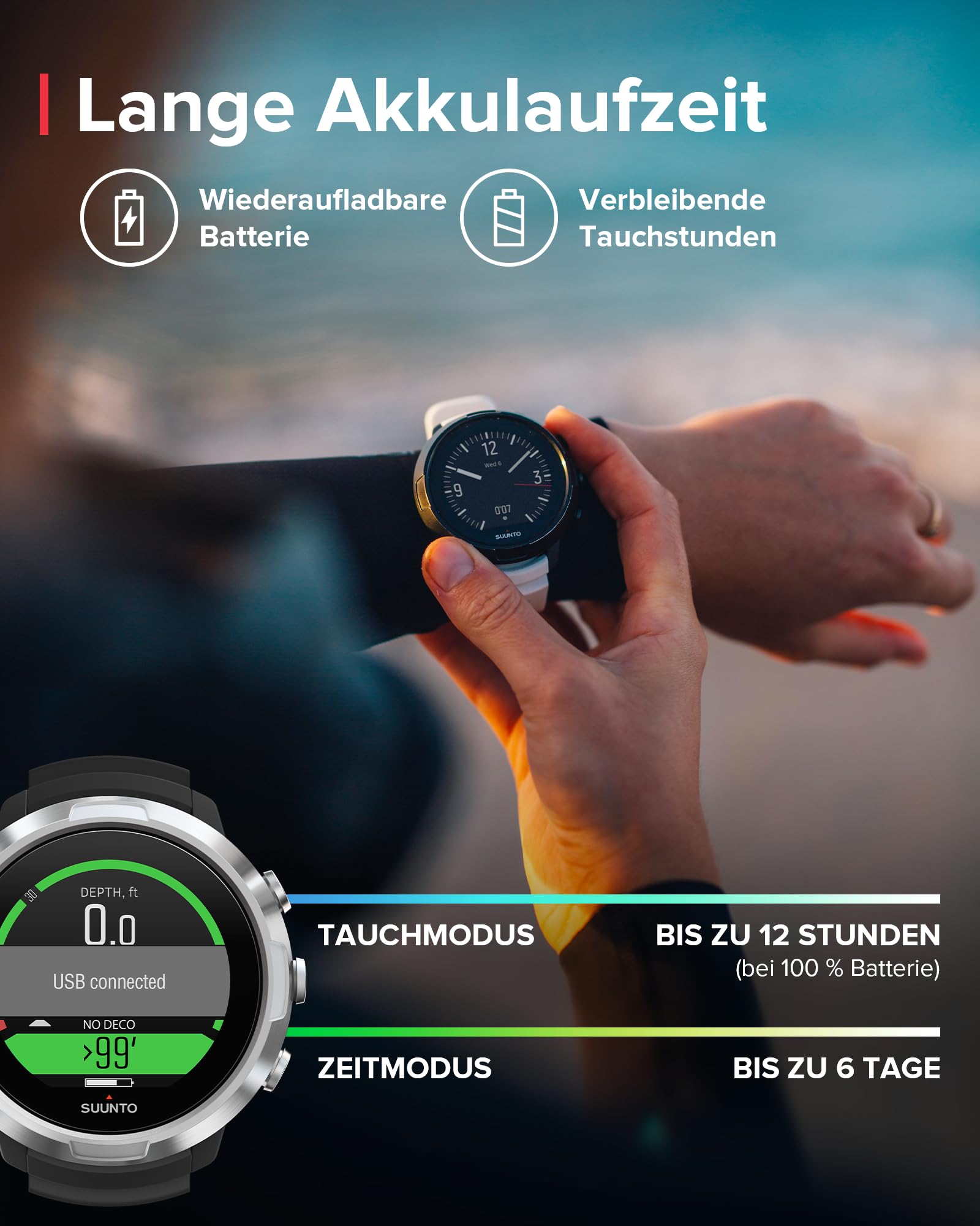SUUNTO D5 Tauchcomputer mit Farbdisplay, 100m Wasserdicht, Alarmfunktion, Stoppuhr, Wetterinformationen, Kompass und einer Akkulaufzeit von bis zu 12 Stunden im Tauchmodus