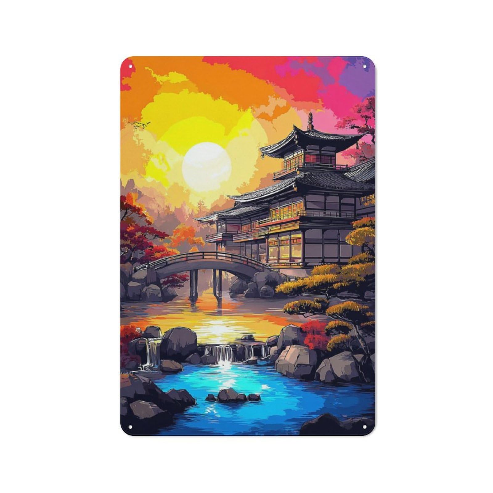 Junmoney Japanese Garden Sunset Serenity -1 Metal Wall Sign 30X20cm Featuring For Café Or Restaurant, A Decorative Metal Sign For Cafés And Restaurants