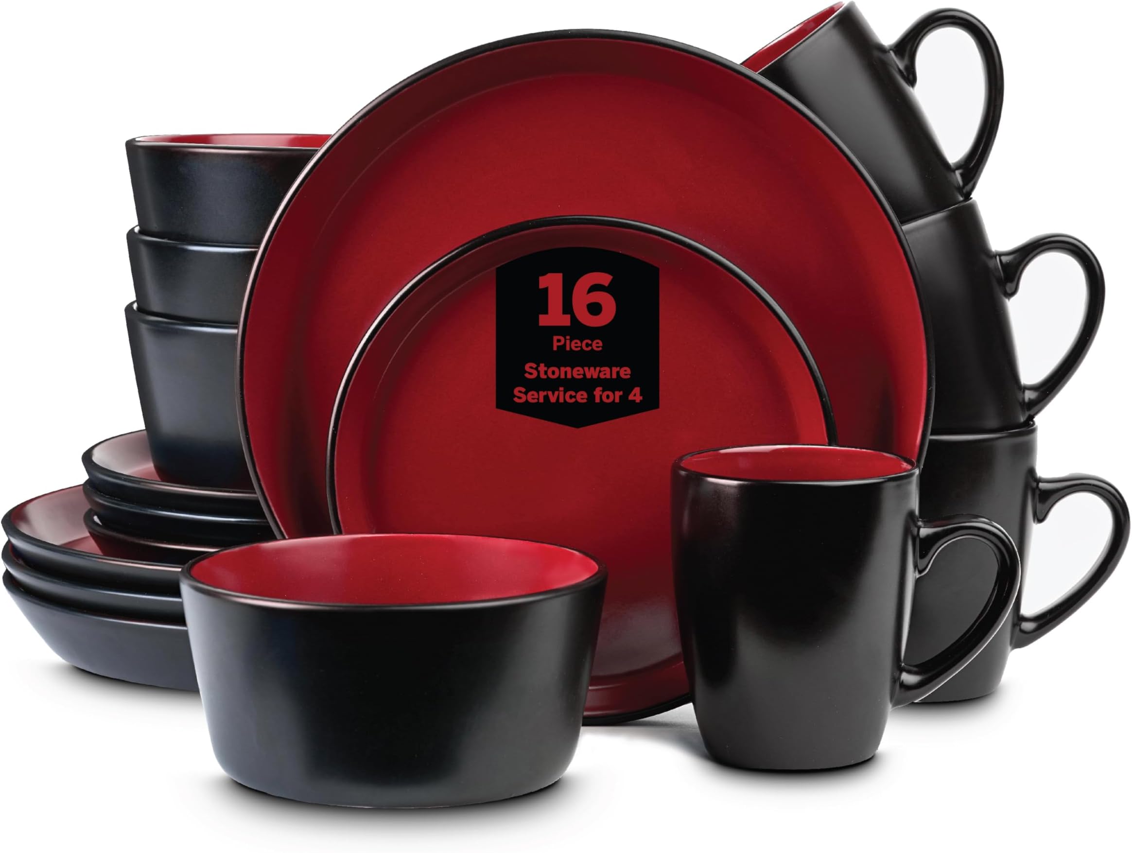 Stone Lain Albie Stoneware 16 Piece Modern Dinnerware Set Kitchen Plate and Bowl Set for 4 People, Red and Black
