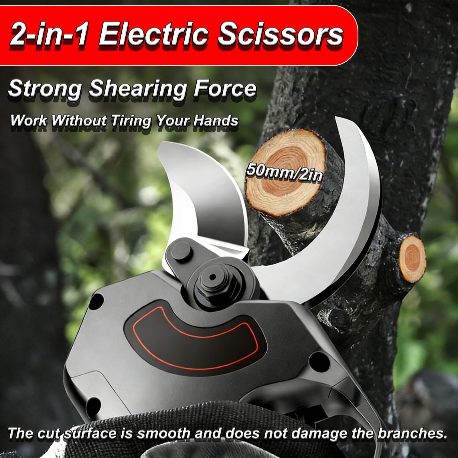 Tijeras de podar eléctricas, tijeras profesionales progresivas de 50 mm, tijeras de podar profesionales a batería, para jardinería de olivos, árboles frutales y viñedos.(Two Batteries)