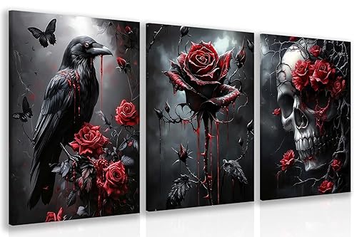 Hianan Horror Gothic Canvas Wall Art, Romance Raven Rose Halloween