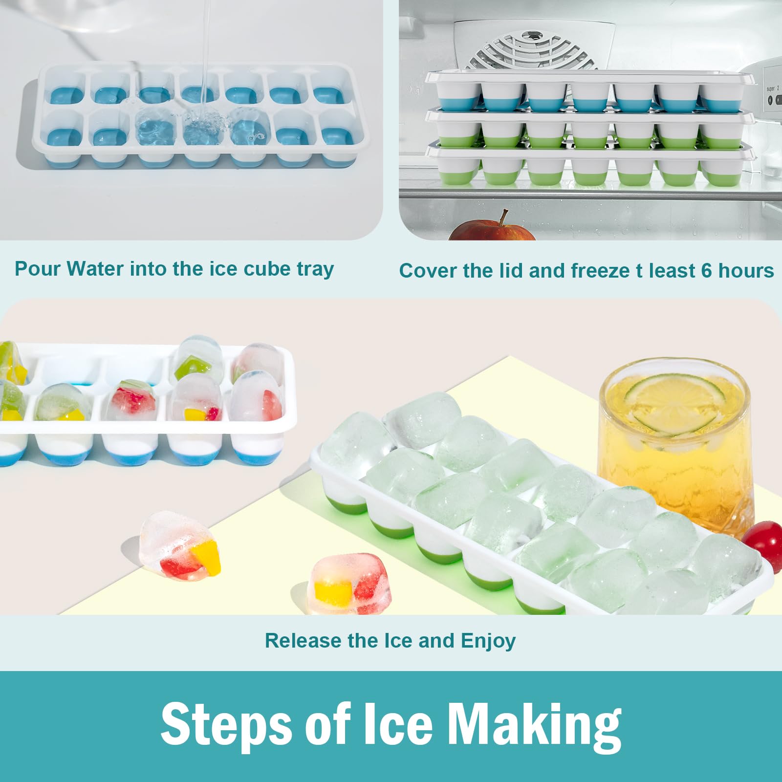 Bandeja de cubitos de hielo, paquete de 5, 70 bandejas de hielo de silicona con tapas para congelador, bandejas de hielo apilables y de fácil liberación para café helado, bebidas y cócteles