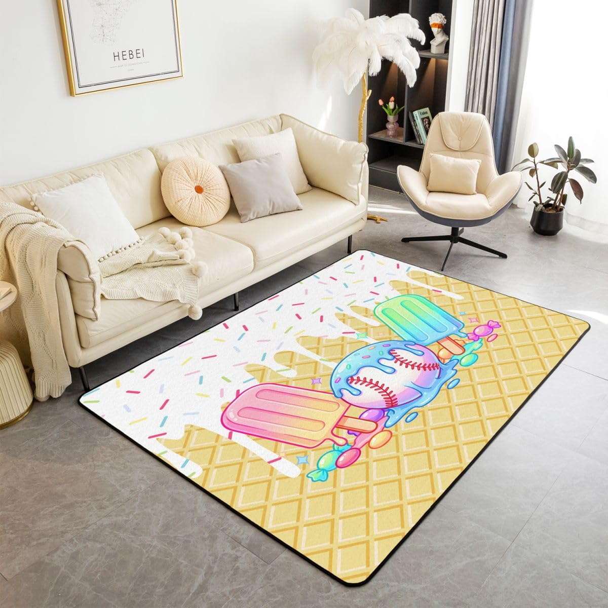 Homewish Dywaniki do lodów 100 x 150 cm do sypialni salonu - baseball Sprots nowoczesny dywan podłogowy biały żółty lody duże dywany nowoczesne modne gry w piłkę nie gubi włosia dywan