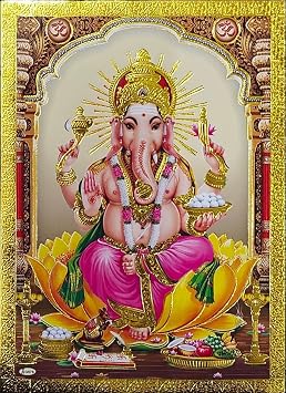 Rastogi Handicraft Best Of Indian Reprint Hindu God Poster/Picture with Golden Foil Unframed Blessing-Ganesh-Ji-7"X5"
