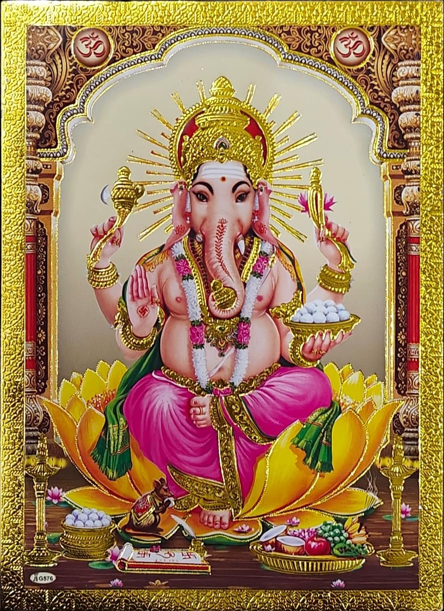 Rastogi Handicraft Best Of Indian Reprint Hindu God Poster/Picture with Golden Foil Unframed (Blessing-Ganesh-Ji-7"X5")
