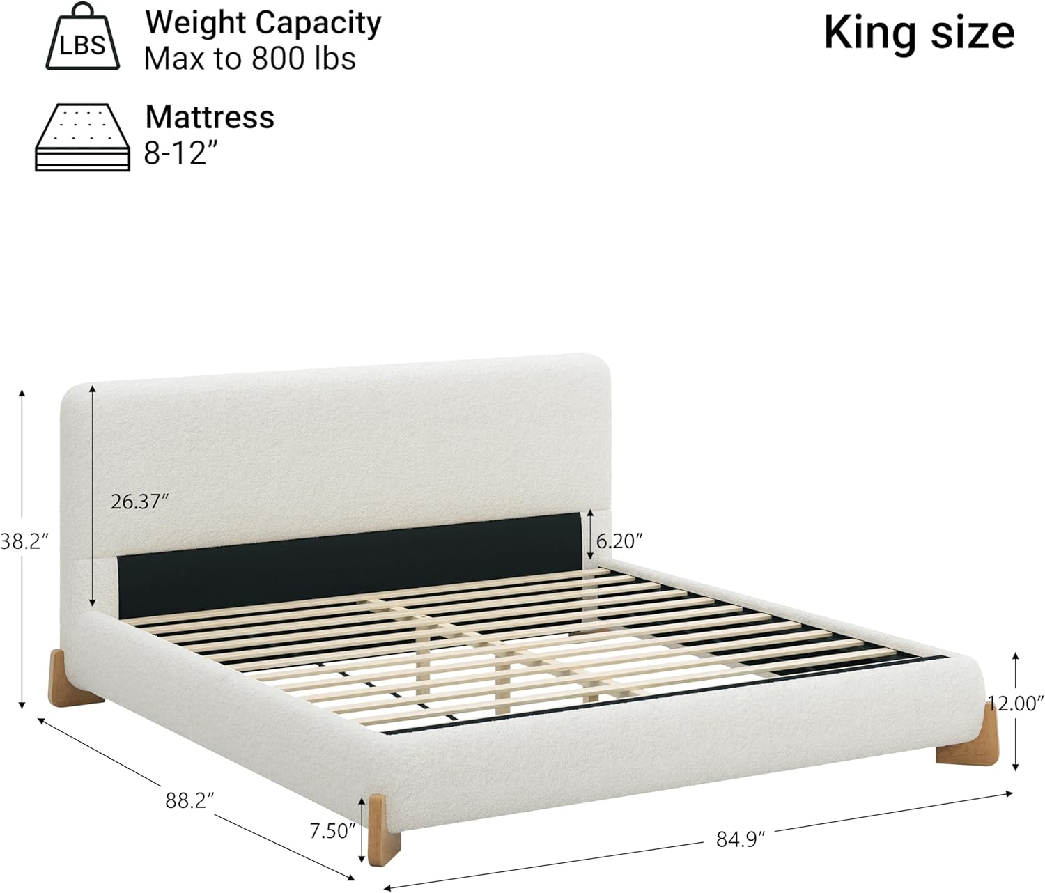Ball & Cast King Size Bed Frame,Boucle Fabric Upholstered Platform Bed Frame with Solid Wood Legs,Wood Slats Support,No Box Spring Needed, Easy Assembly,White