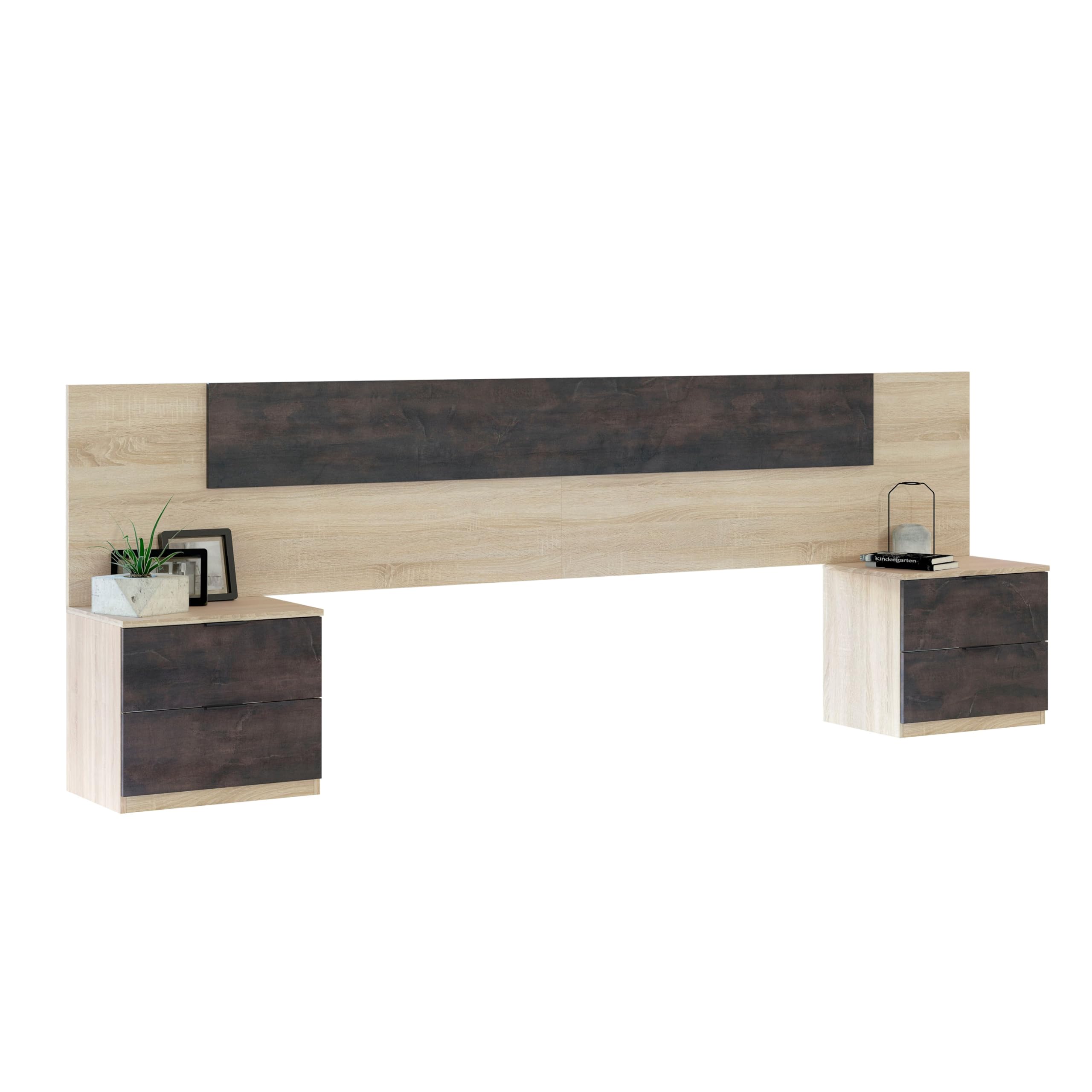 Miroytengo Cabecero de Cama con Mesitas de Noche Andy Estilo Industrial Color Roble Canadian y Marrón 247 cm