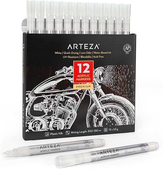ARTEZA 12 White Acrylic Paint Pens, Long Lasting Outdoor Acrylic Paint Markers with Plastic Nib, Paint On Metal, Canvas, Rock, Ceramic Surfaces, Glass, Wood, Fabric, and Pumpkin Decorating