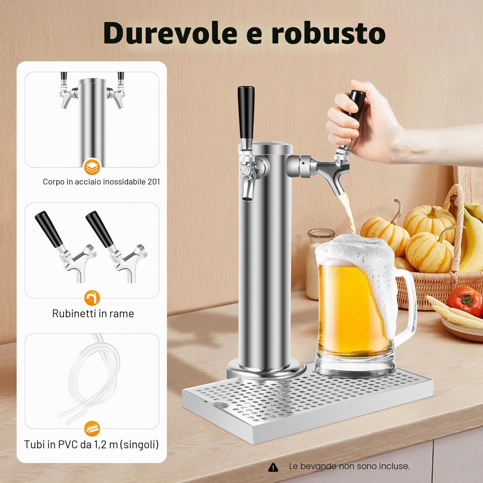 Distributore di birra a doppio beccuccio per birra, torre di birra, 2 rubinetti, in acciaio inox, per bar, uso domestico, 1,5 m, tubi in PVC lucidato, cromato, peso 3 kg
