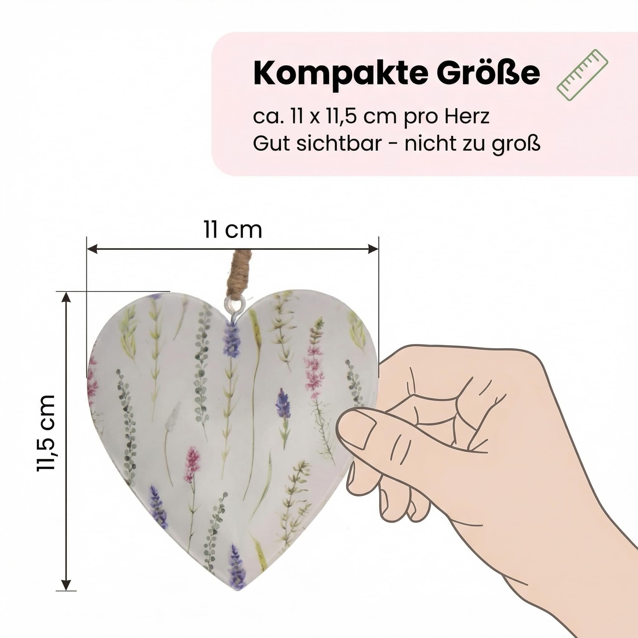 Metallherz Hängedeko, 2er-Set Herzen aus Metall mit floralen Pastellmotiven, Weiß/Rosa/Lila/Grün, ca. 11 x 11,5 cm, inklusive Jutekordel, romantische Frühlingsdeko für Fenster, Zweige & Türgriffe