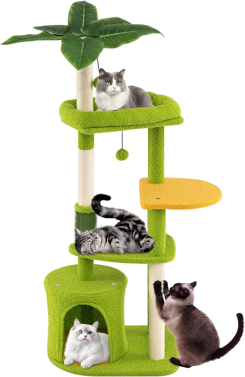 Tangkula Palm Cute Cat Tree, Cat Tower with Sisal Scratching Posts, Padded Top Perch, Condo, Self Groomer, Jumping Platforms & Dangling Balls, Unique Cat Tree Tower with Green Leaves for Indoor Cats