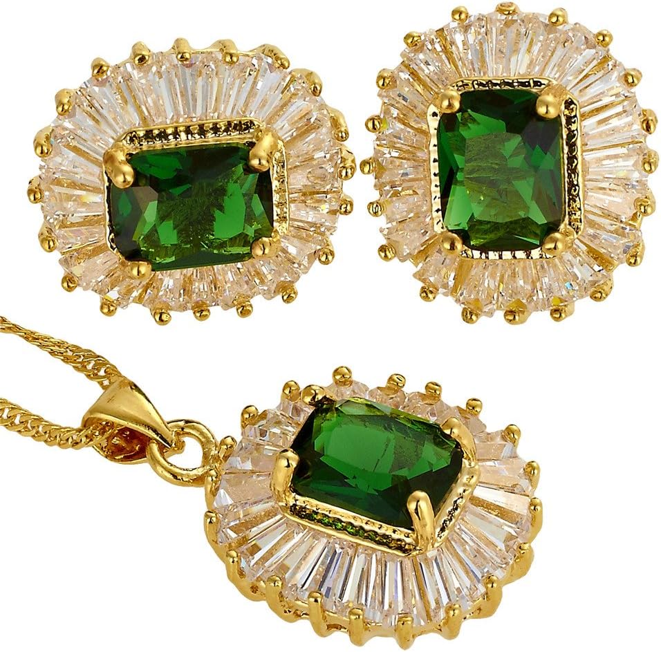 Jewellery Set Pendant with 18" Chain & Stud Earrings Rectangular Cut Gemstones CZ [5 Colours Available] in 18K Yellow Gold Plated, Simple Modern Elegance
