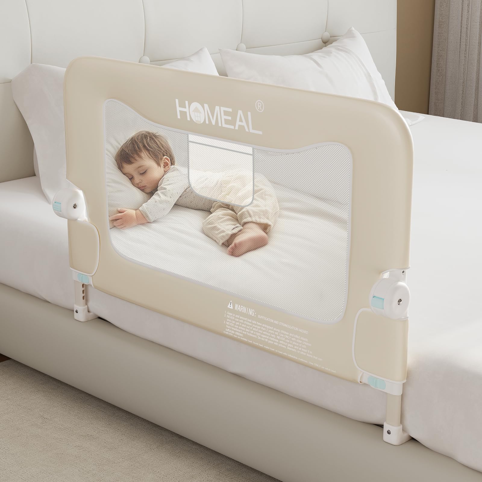 HOMEAL Bed Rail for Toddlers, 32in Swing Down Toddler Bed Rails with U-Shape Base, Foldable Baby Bed Rail Guard, Twin Size, Full Size, Queen Size, King Size Beds, Bed Rail for Baby, Beige
