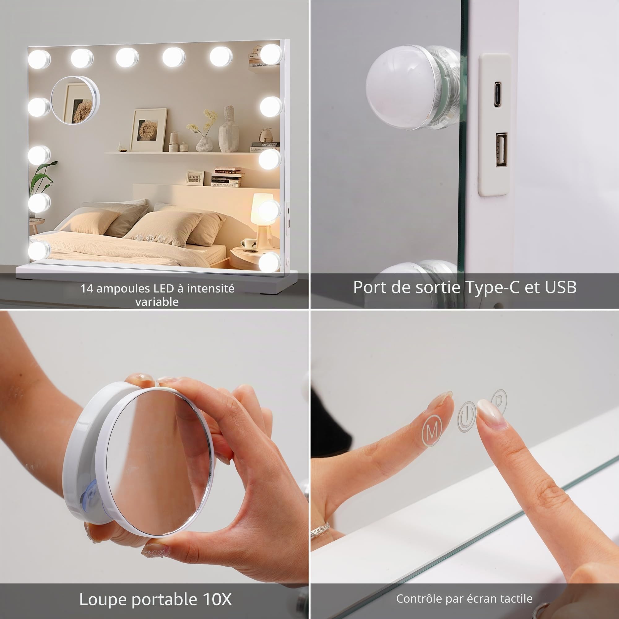 Miroir de courtoisie Hollywood avec lumières, grand miroir de maquillage éclairé de 50×42 cm avec 14 ampoules à intensité variable, 3 modes de couleur, contrôle par écran tactile, miroir
