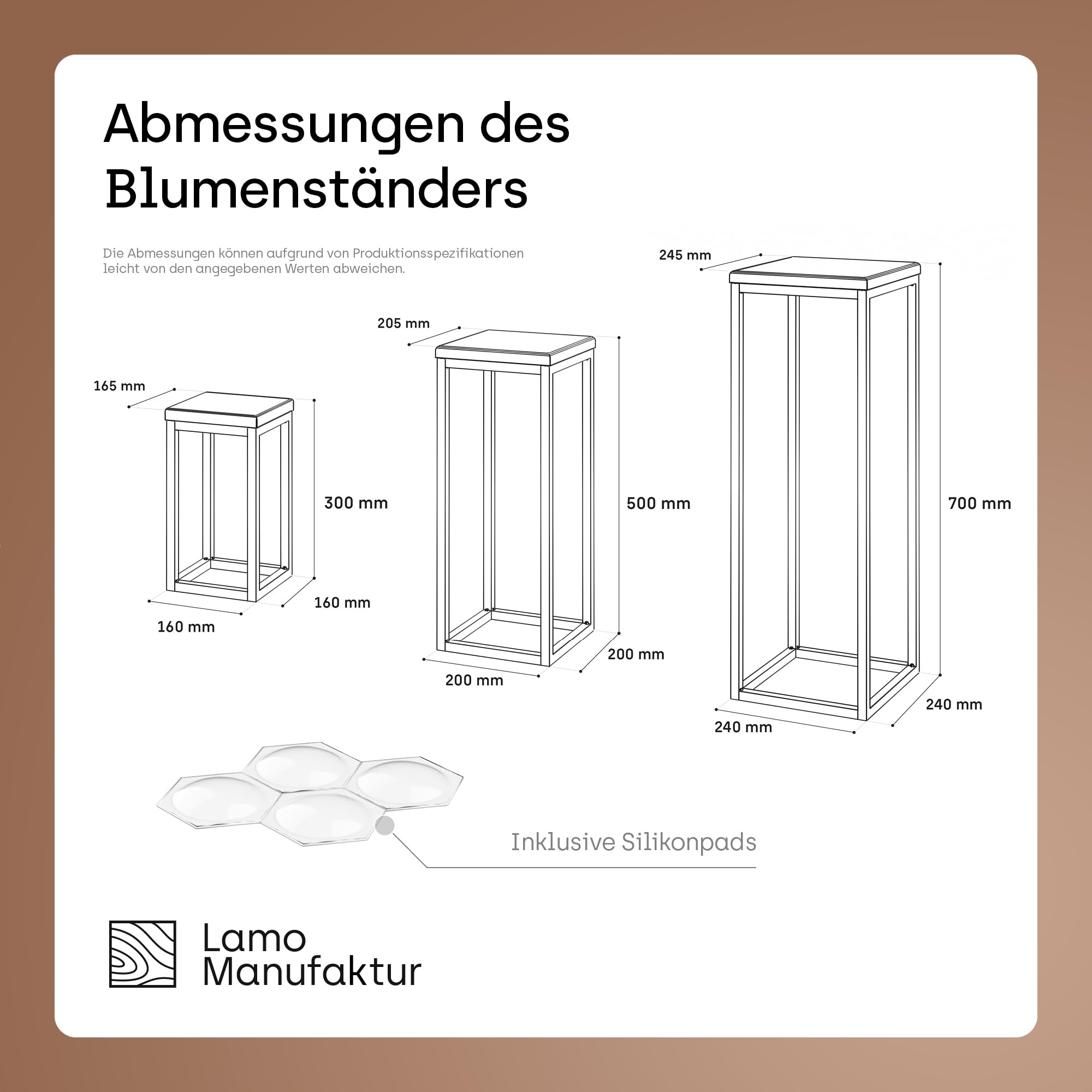 LAMO Manufaktur Pflanzenständer Set - 3 Stücke 30/50/70 cm | Blumenständer Weiss Metall | Blumenhocker Holz mit Natur Farbe | 100% Echtholz | Sockel für Zimmerpflanzen