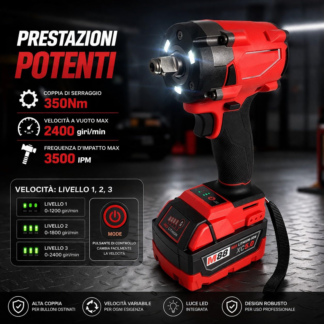 Avvitatore a Impulsi a Batteria 88V 5Ah 350Nm 2400RPM con Attacco Quadro da 1/2" con Motore Brushless e Luce Led Integrata 3 Velocità con 2 Batterie per Auto e Officina