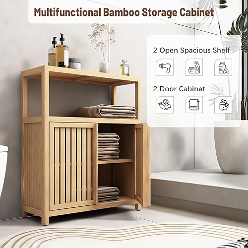 Miniatura 4 de Muebles de almacenamiento de bambú para baño, armario de piso de baño con 2 puertas de persiana y estante abierto, organizador de almacenamiento