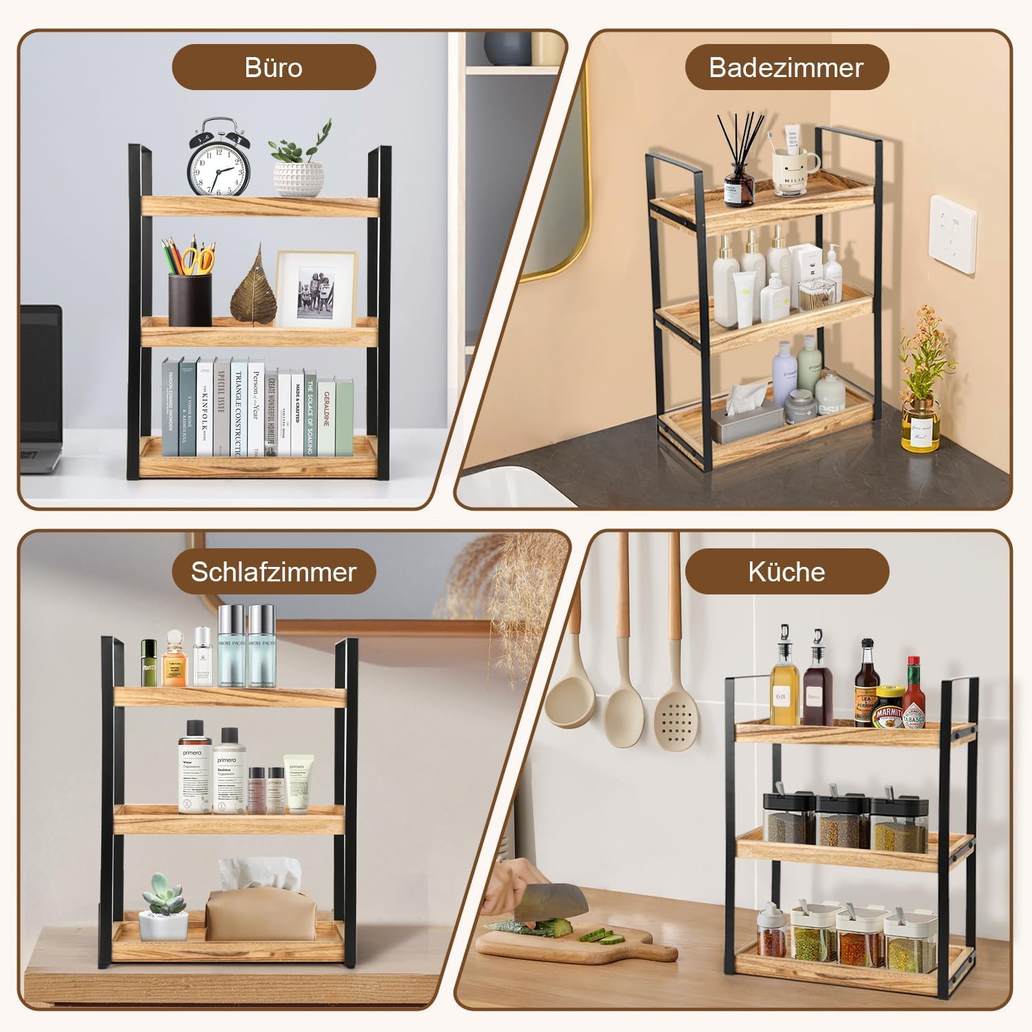 Étagère de rangement imperméable à 3 étages en bois - Brûlage facile - Étagère de salle de bain - Étagère de cuisine en métal - 33 x 17 x 43 cm - Pour salle de bain, cuisine, buanderie