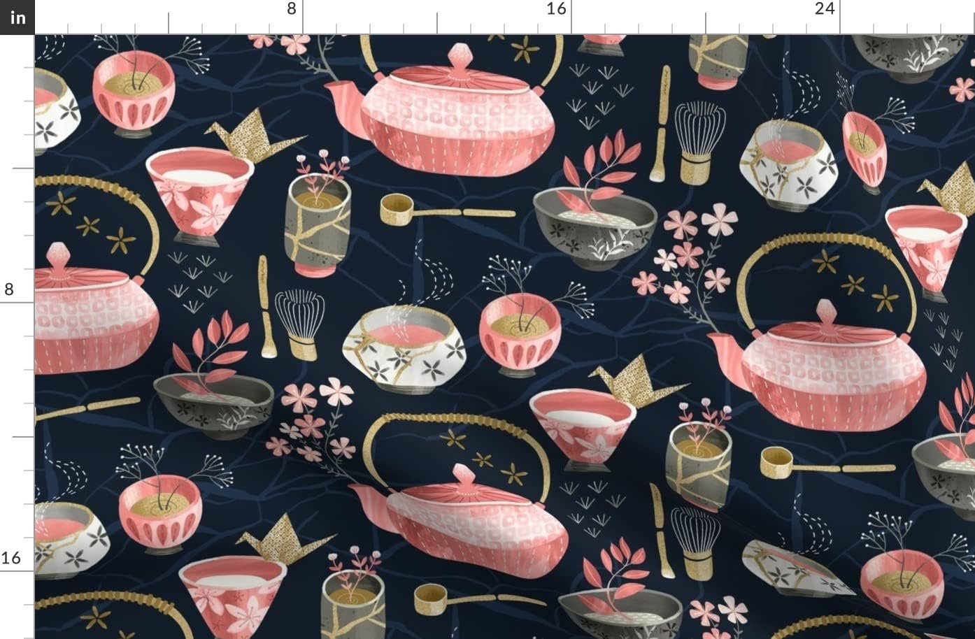 Spoonflower Fabric - Japan Japanese Tea Cup Kitchen Dream Origami Teapot Kettle Chawan Printed on Organic Cotton Sateen Fabric by The Yard - Sewing Quilting Apparel Home Decor