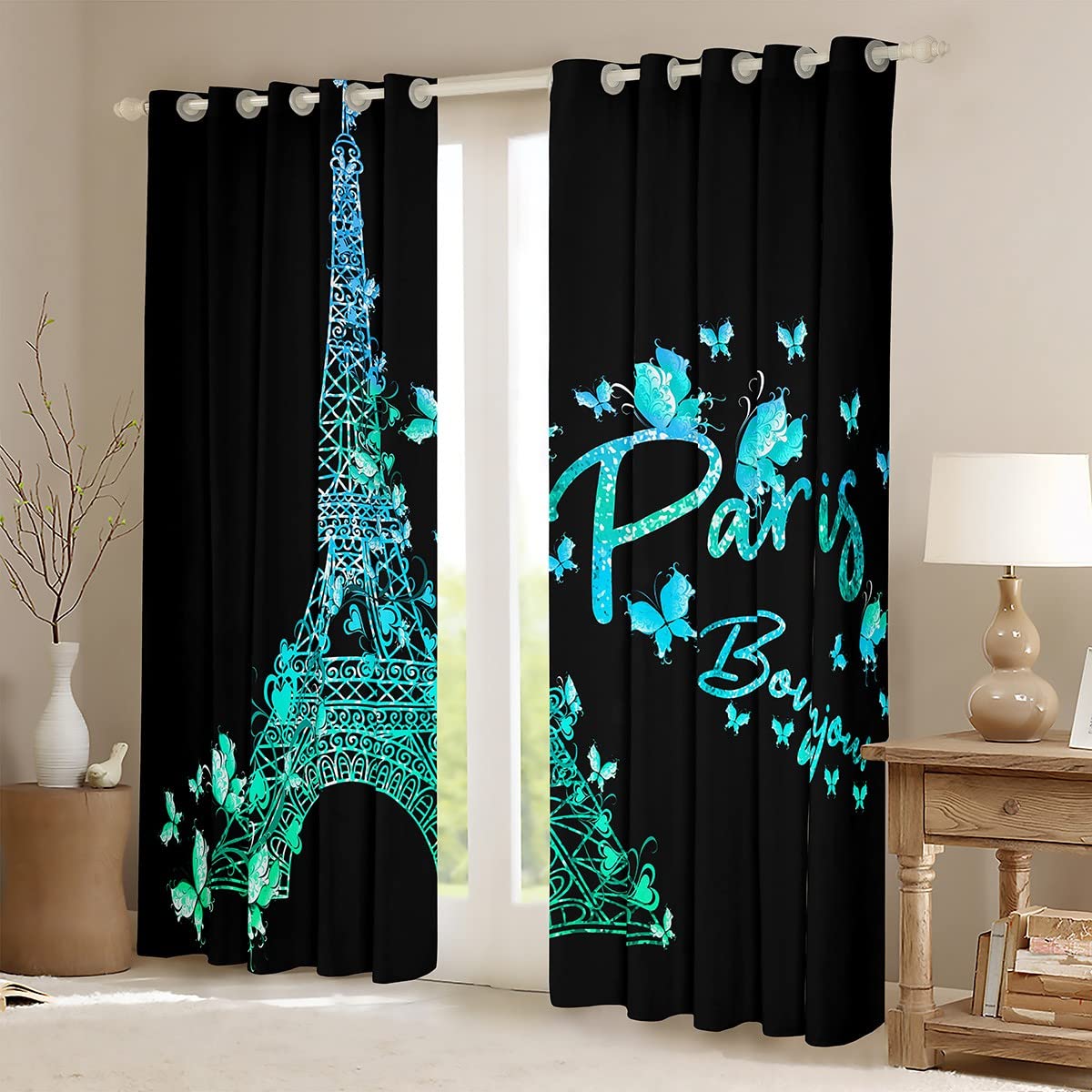 Paris Eiffel Tower Curtains Girly Teal Blue Glitter Window Curtains for Bedroom Living Room for Kids Boys Girls Butterfly Window Drapes Famous City Scene Decor Window Treatments 42W X 84L?2 Panels