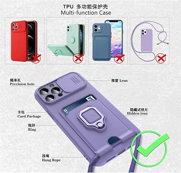 M.TK moveteck İphone 15 Pro Kılıf Kamera Lens Sürgülü Korumalı Kartvizitli Silikon Kapak ip Boyun Askılı Kızak, Siyah, Tek Ebat, zZuma-15pro-siyah123