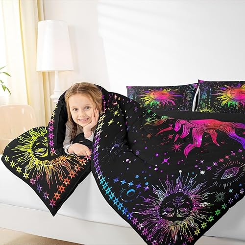 Miniatura 7 de Erosebridal Juego de ropa de cama bohemio con sol y luna, juego de edredón bohemio hippie de 3 piezas, colorido teñido anudado, juego de edredón