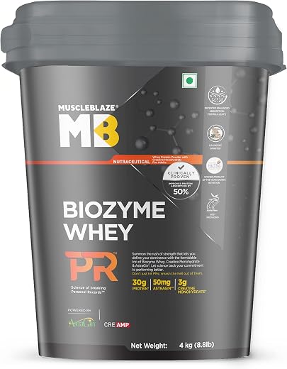 MuscleBlaze Biozyme Whey Protein PR with 30g Protein, 3g Creatine Monohydrate &amp; 50mg AstraGin® (Chocolate Fudge, 4kg / 8.8...