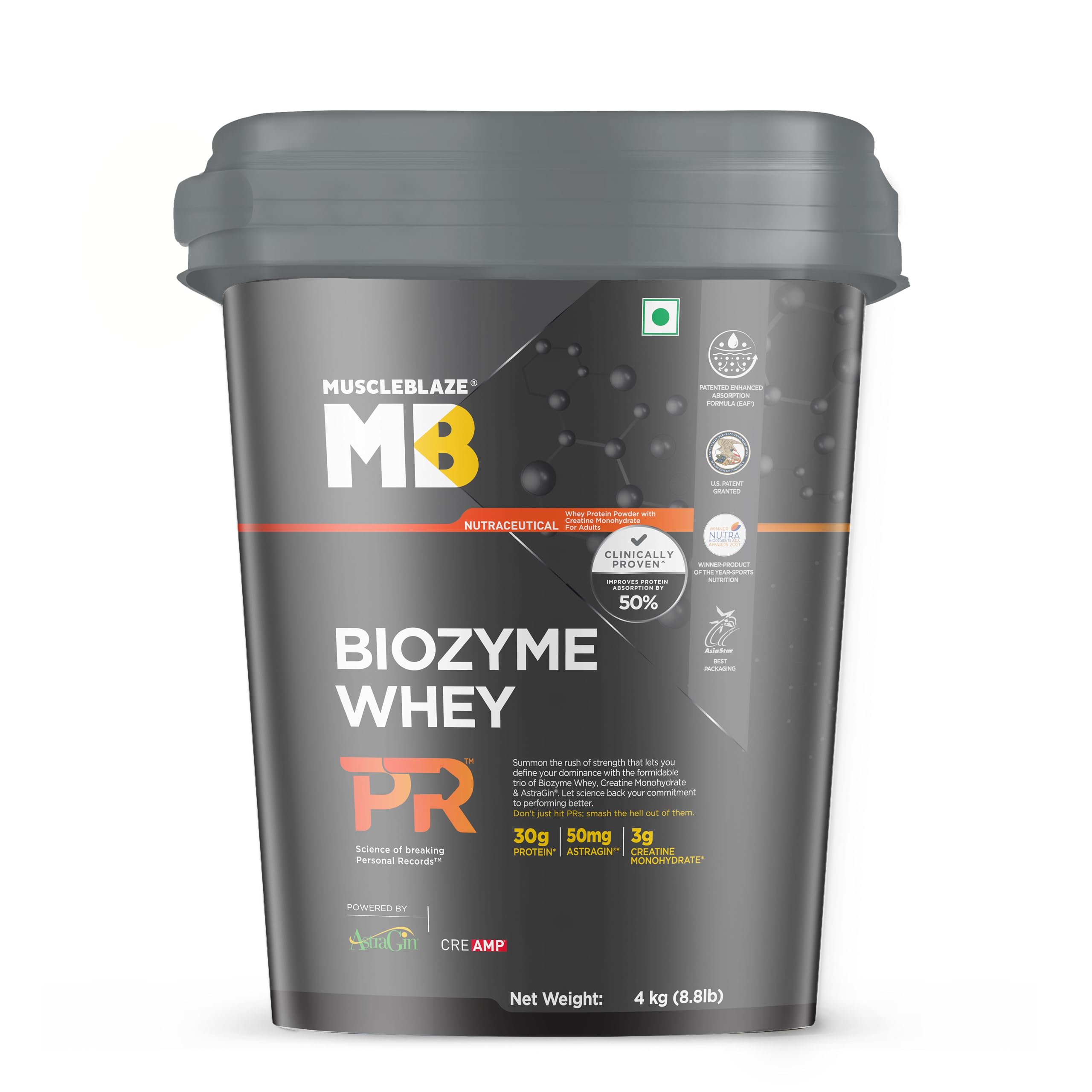MuscleBlaze Biozyme Whey Protein PR with 30g Protein, 3g Creatine Monohydrate & 50mg AstraGin® (Chocolate Fudge, 4kg / 8.8lbs) | Trustified Gold Certified