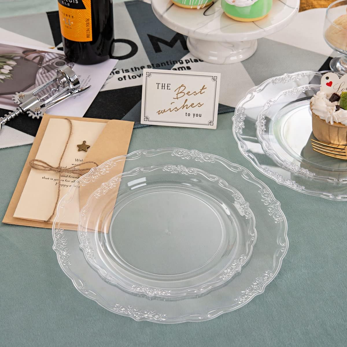 U-QE 100 Pieces Clear Plastic Plates - Clear Disposable Plates - Premium Hard Plastic Plates for Party, Holiday and Party Use Including 50 Dinner 10 '' & 50 Dessert Platos 7.5 '' - Image 3