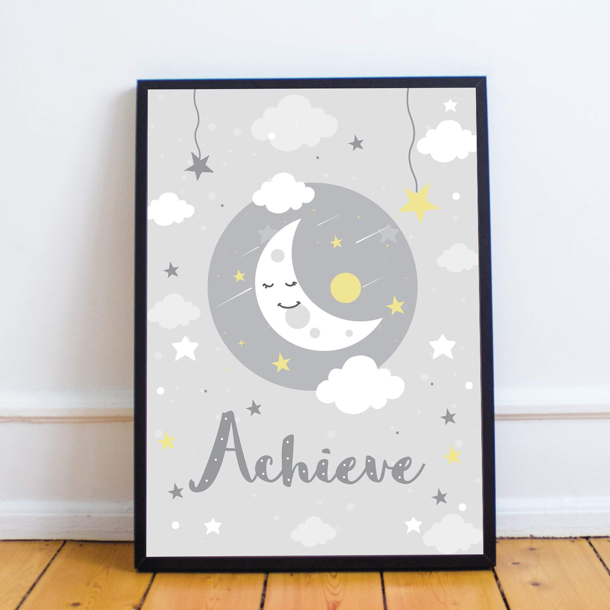 RED OCEAN Grey Nursery Prints/Baby Room Nursery Wall Art/Childrens Bedroom Decor/Baby Boy Girl Gifts (A4 Print with Black Frame - Achieve Moon Grey)