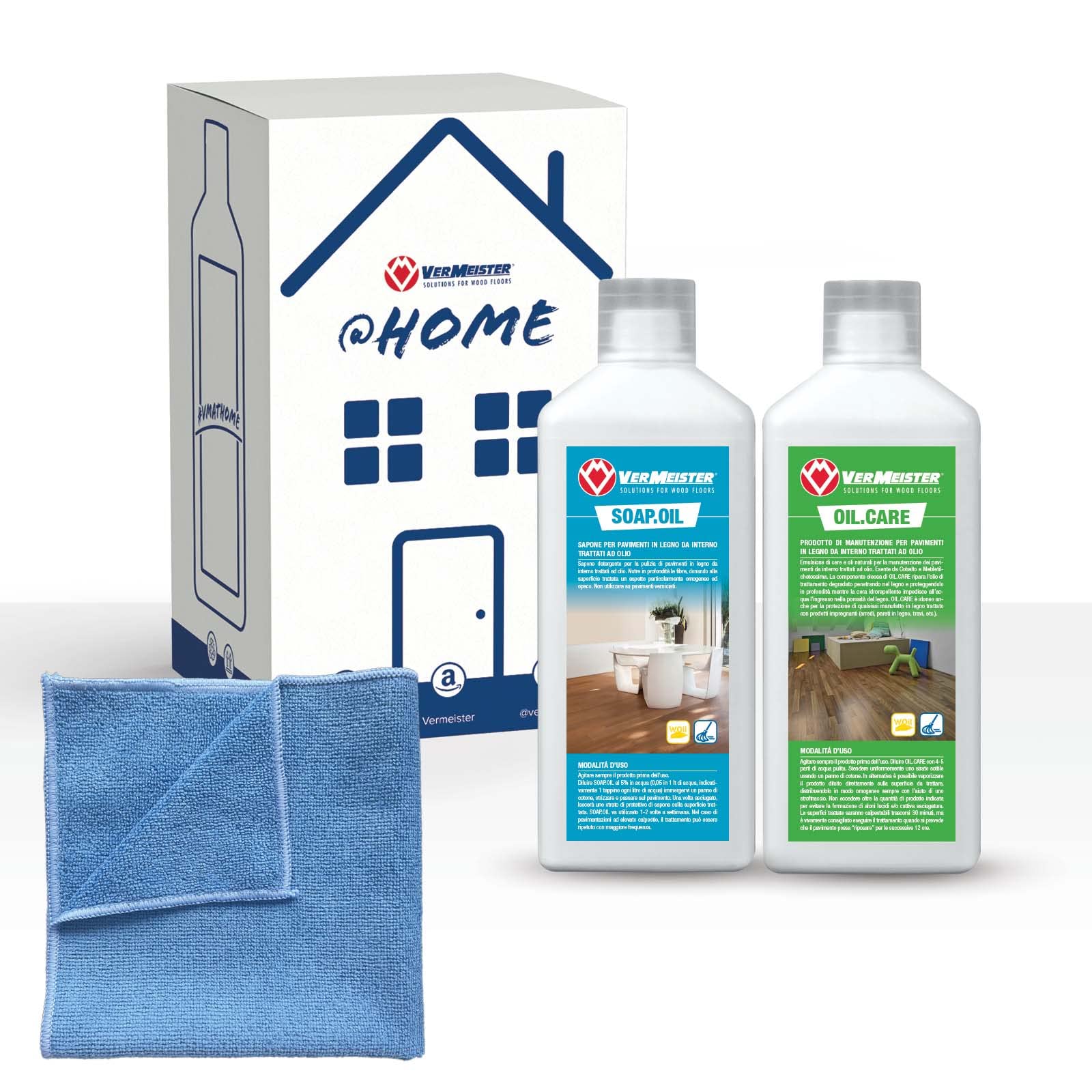 Kit Oliati Vermeister - Set di Detergenti con Panno Microfibra per la Pulizia e Manutenzione Ordinaria di Pavimenti in Legno trattati ad Olio e Cera