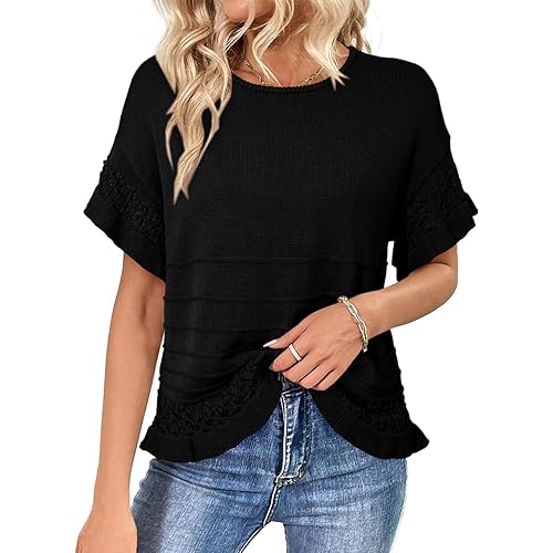 Dokotoo Women’s Short Sleeve Sweaters Oversized Summer Casual Ruffled Hem Knit Pullover Tops Cute Solid Color Crochet Blouses