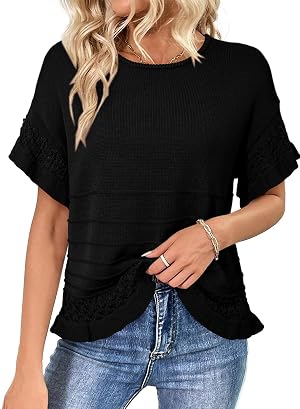 Dokotoo Womens Short Sleeve Sweaters Oversized Summer Casual Ruffled Hem Knit Pullover Tops Cute Solid Color Crochet Blouses