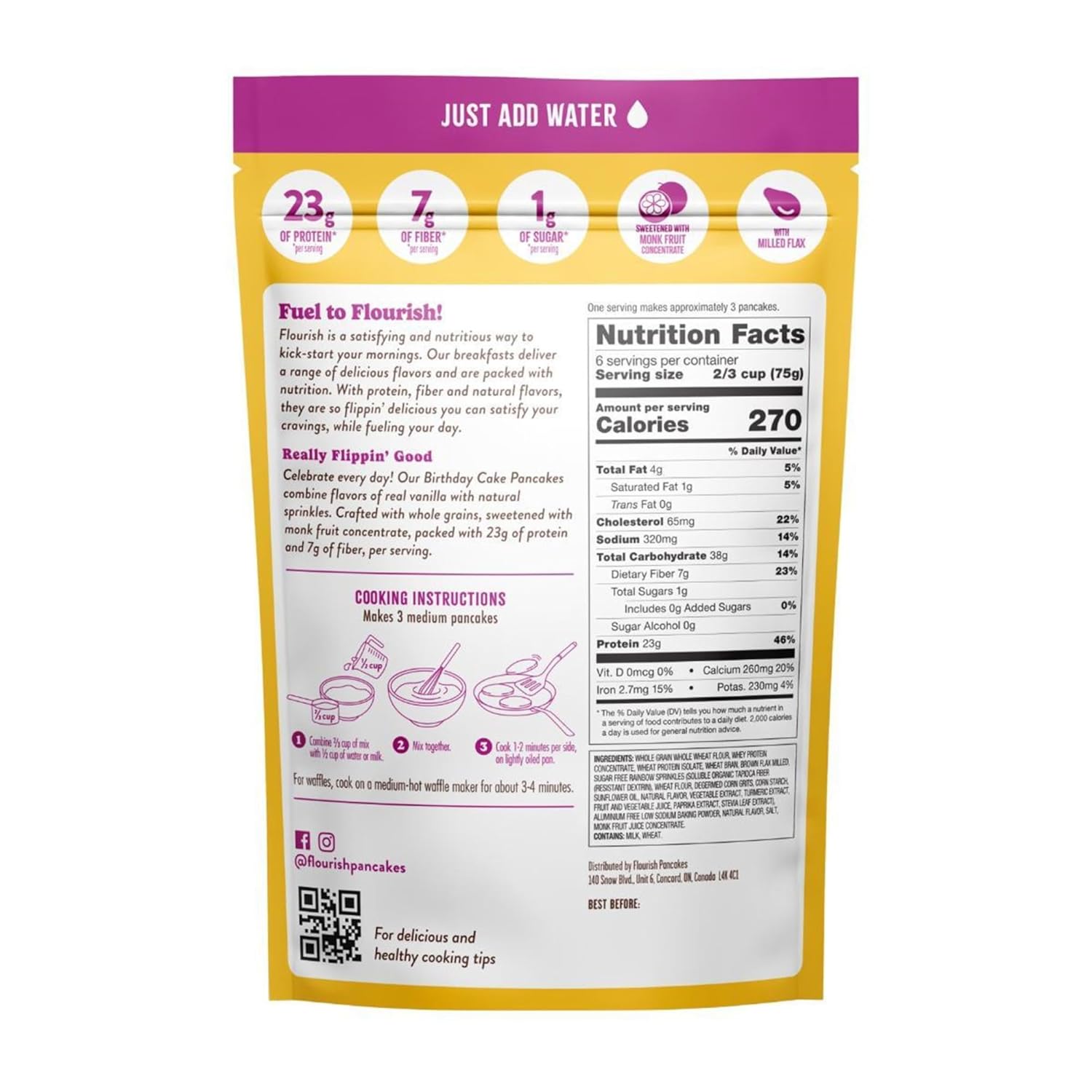 Flourish Protein Pancake & Waffle Mix, with Whey Protein & Flax Seed, No Added Sugar, High in Protein & Fiber - Just Add Water - Birthday Cake Flavour 16oz (2 pack)