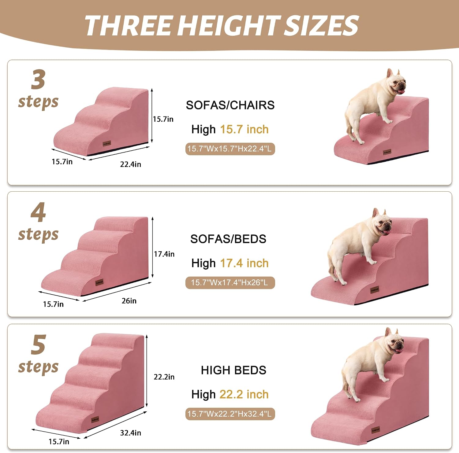 4-Step Dog Stairs for Bed or Couch, Pink Pet Ramp for Small Dogs, Cats | Aodisman Elegant Pink Dog Ramp Designed for Dogs and Cats, Ideal for Beds and Couches, Providing Comfortable Access, 17.7" H