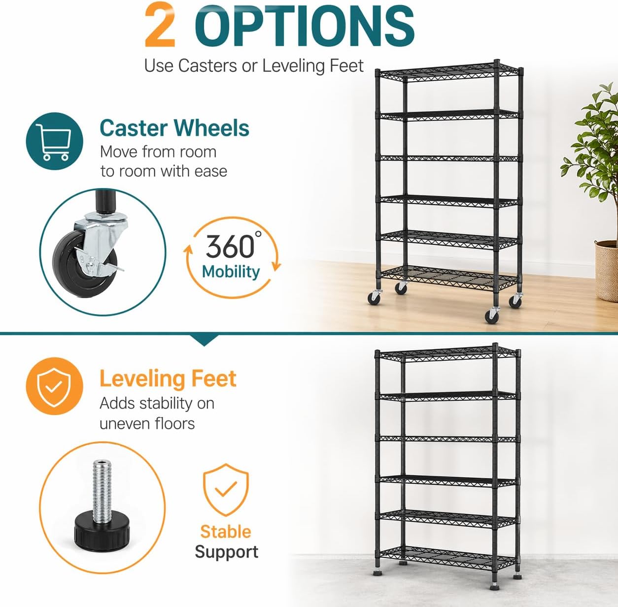6-Tier Heavy Duty Wire Shelving Unit with Wheels or Leveling Feet, 6000 LBS Total Capacity, Adjustable Metal Storage Rack for Garage, Pantry, Kitchen, Basement, 48" W x 18" D x 76" H, Black