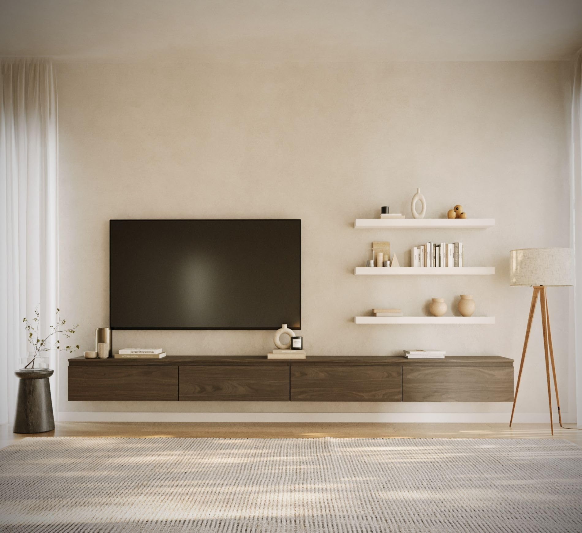Selsey Mobile Porta TV Sospeso Noce Wisconsin 300 cm Design Moderno con Struttura Sospesa 4 Vani Ampi Pannelli di Truciolato 16 mm Portata Massima 8 kg per Ripiano Elegante per Soggiorno Moderno
